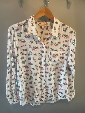 Lucky Brand White Button-Down Blouse with Pink Floral Print Size Small